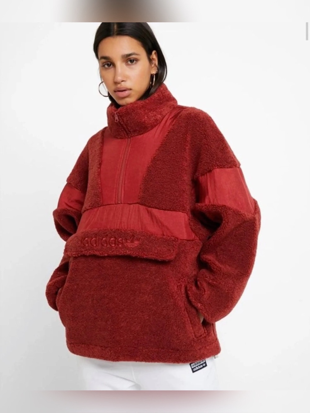 adidas Rust Red Sherpa Half-Zip Pullover Anorak Sweatshirt Jacket Size M